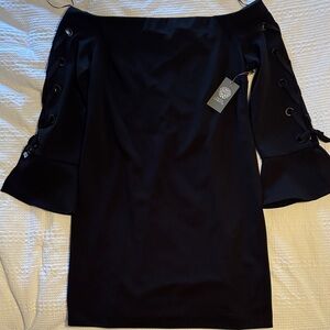 Vince Camuto Rich Black Utility Twist Dress off the shoulder